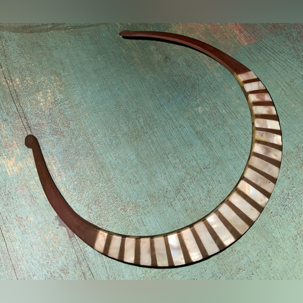 Vintage Antique Brass Artisan Bib Choker Necklace w/ Mother of Pearl Inlays